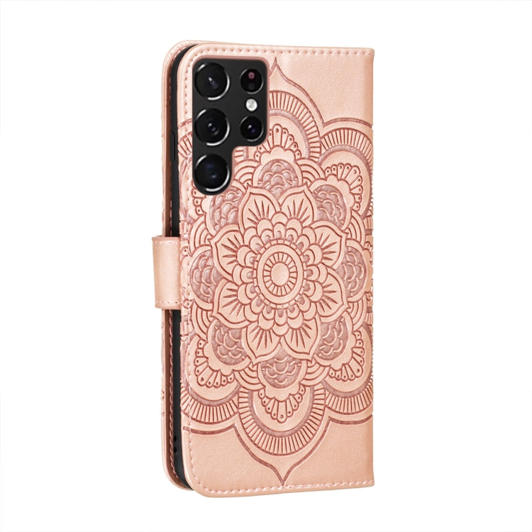 For Samsung Galaxy S22 Ultra 5G Sun Mandala Embossing Pattern Phone Leather Case with Holder & Card Slots & Wallet & Lanyard