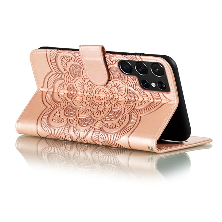 For Samsung Galaxy S22 Ultra 5G Sun Mandala Embossing Pattern Phone Leather Case with Holder & Card Slots & Wallet & Lanyard