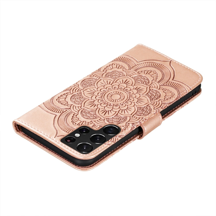 For Samsung Galaxy S22 Ultra 5G Sun Mandala Embossing Pattern Phone Leather Case with Holder & Card Slots & Wallet & Lanyard