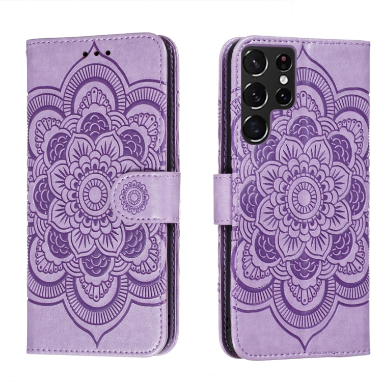 For Samsung Galaxy S22 Ultra 5G Sun Mandala Embossing Pattern Phone Leather Case with Holder & Card Slots & Wallet & Lanyard