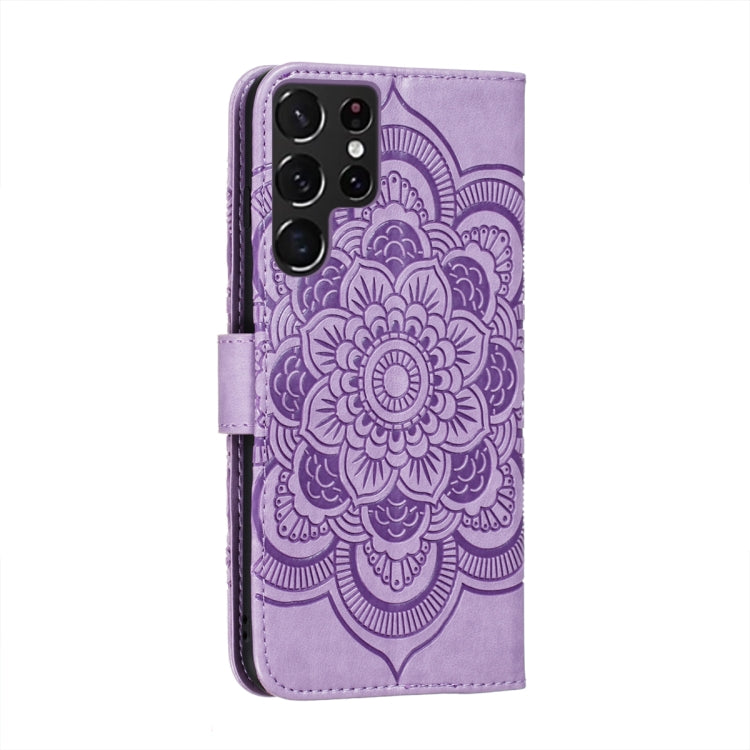 For Samsung Galaxy S22 Ultra 5G Sun Mandala Embossing Pattern Phone Leather Case with Holder & Card Slots & Wallet & Lanyard