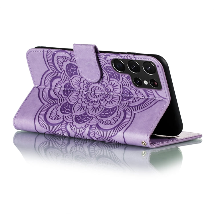 For Samsung Galaxy S22 Ultra 5G Sun Mandala Embossing Pattern Phone Leather Case with Holder & Card Slots & Wallet & Lanyard