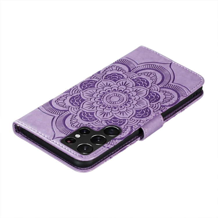 For Samsung Galaxy S22 Ultra 5G Sun Mandala Embossing Pattern Phone Leather Case with Holder & Card Slots & Wallet & Lanyard