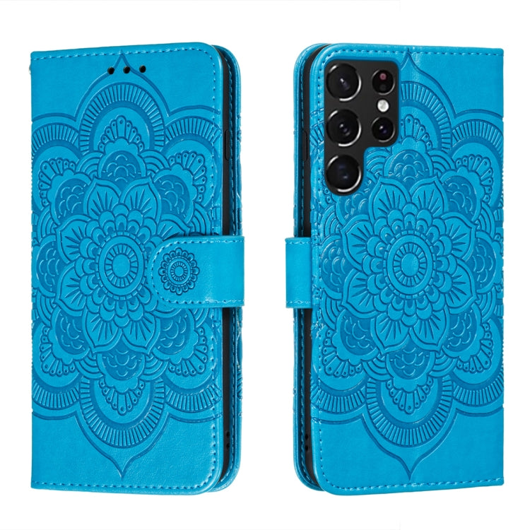 For Samsung Galaxy S22 Ultra 5G Sun Mandala Embossing Pattern Phone Leather Case with Holder & Card Slots & Wallet & Lanyard