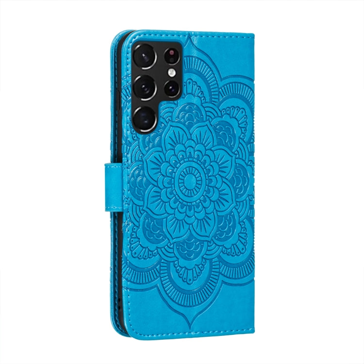 For Samsung Galaxy S22 Ultra 5G Sun Mandala Embossing Pattern Phone Leather Case with Holder & Card Slots & Wallet & Lanyard