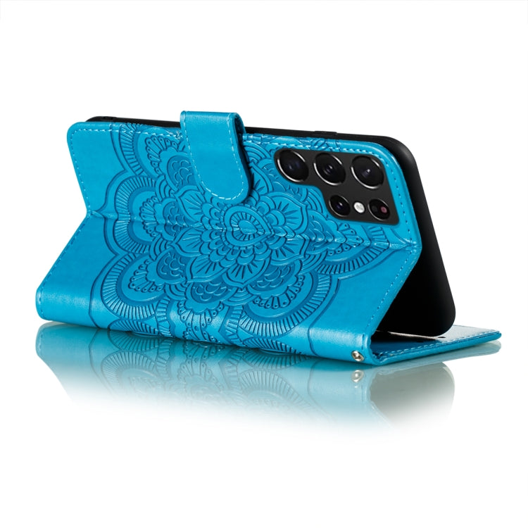 For Samsung Galaxy S22 Ultra 5G Sun Mandala Embossing Pattern Phone Leather Case with Holder & Card Slots & Wallet & Lanyard