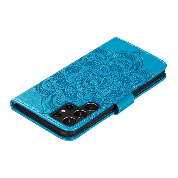 For Samsung Galaxy S22 Ultra 5G Sun Mandala Embossing Pattern Phone Leather Case with Holder & Card Slots & Wallet & Lanyard