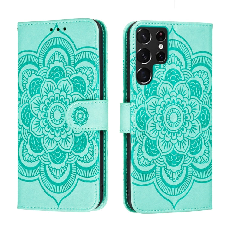 For Samsung Galaxy S22 Ultra 5G Sun Mandala Embossing Pattern Phone Leather Case with Holder & Card Slots & Wallet & Lanyard