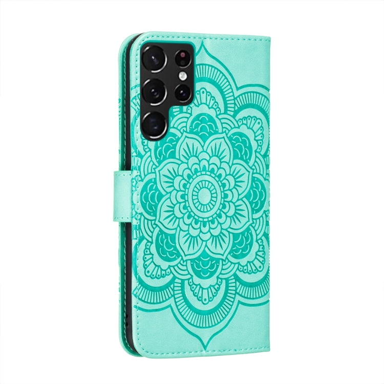For Samsung Galaxy S22 Ultra 5G Sun Mandala Embossing Pattern Phone Leather Case with Holder & Card Slots & Wallet & Lanyard