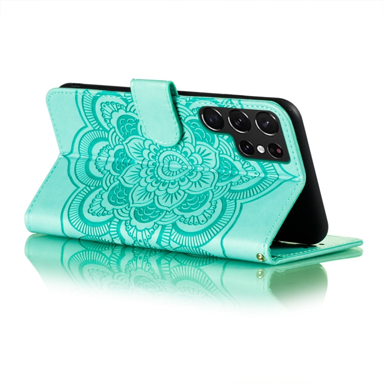 For Samsung Galaxy S22 Ultra 5G Sun Mandala Embossing Pattern Phone Leather Case with Holder & Card Slots & Wallet & Lanyard