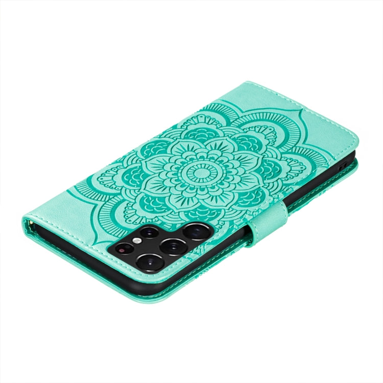 For Samsung Galaxy S22 Ultra 5G Sun Mandala Embossing Pattern Phone Leather Case with Holder & Card Slots & Wallet & Lanyard