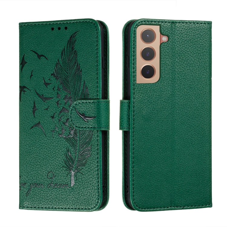 For Samsung Galaxy S22 5G Feather Pattern Litchi Texture Leather Phone Case with Holder & Card Slots & Wallet