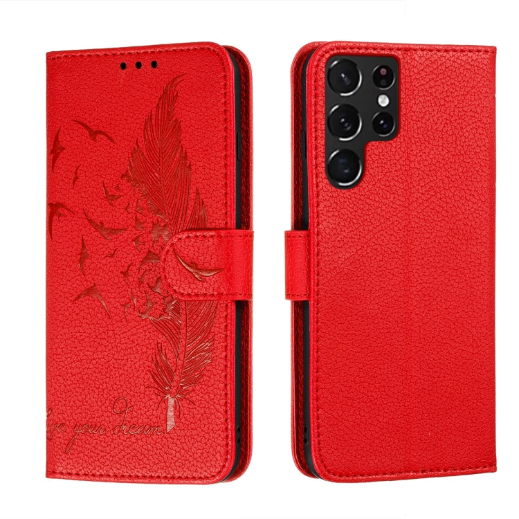 For Samsung Galaxy S22 Ultra 5G Feather Pattern Litchi Texture Leather Phone Case with Holder & Card Slots & Wallet