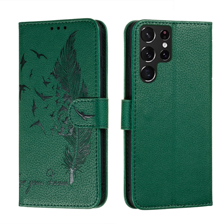 For Samsung Galaxy S22 Ultra 5G Feather Pattern Litchi Texture Leather Phone Case with Holder & Card Slots & Wallet