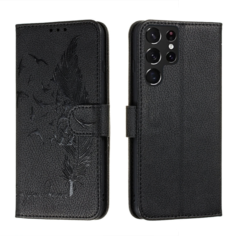 For Samsung Galaxy S22 Ultra 5G Feather Pattern Litchi Texture Leather Phone Case with Holder & Card Slots & Wallet
