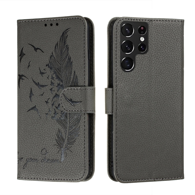 For Samsung Galaxy S22 Ultra 5G Feather Pattern Litchi Texture Leather Phone Case with Holder & Card Slots & Wallet