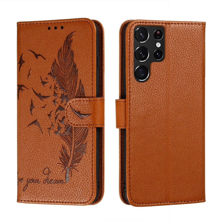 For Samsung Galaxy S22 Ultra 5G Feather Pattern Litchi Texture Leather Phone Case with Holder & Card Slots & Wallet