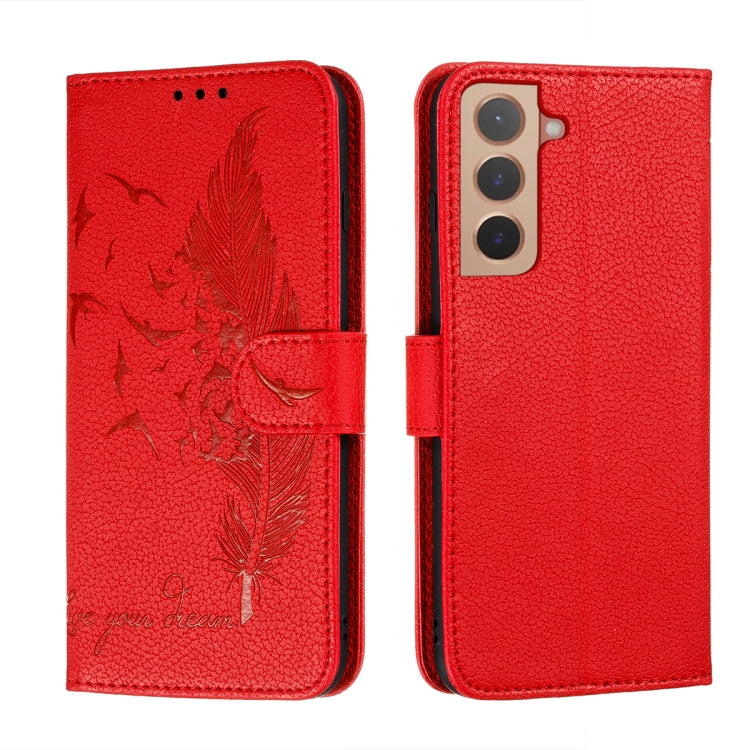 For Samsung Galaxy S22+ 5G Feather Pattern Litchi Texture Leather Phone Case with Holder & Card Slots & Wallet