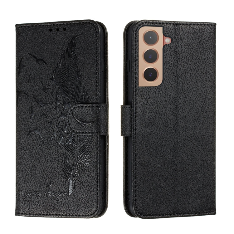 For Samsung Galaxy S22+ 5G Feather Pattern Litchi Texture Leather Phone Case with Holder & Card Slots & Wallet