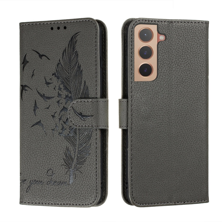 For Samsung Galaxy S22+ 5G Feather Pattern Litchi Texture Leather Phone Case with Holder & Card Slots & Wallet
