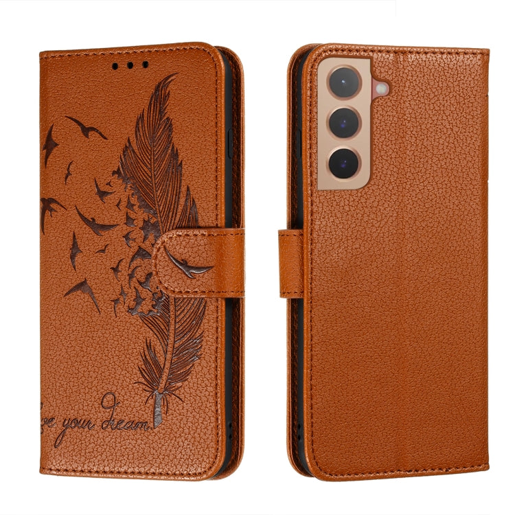 For Samsung Galaxy S22+ 5G Feather Pattern Litchi Texture Leather Phone Case with Holder & Card Slots & Wallet