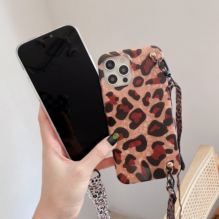 For iPhone 13 Pro Shell Leopard Texture Phone Case with Lanyard