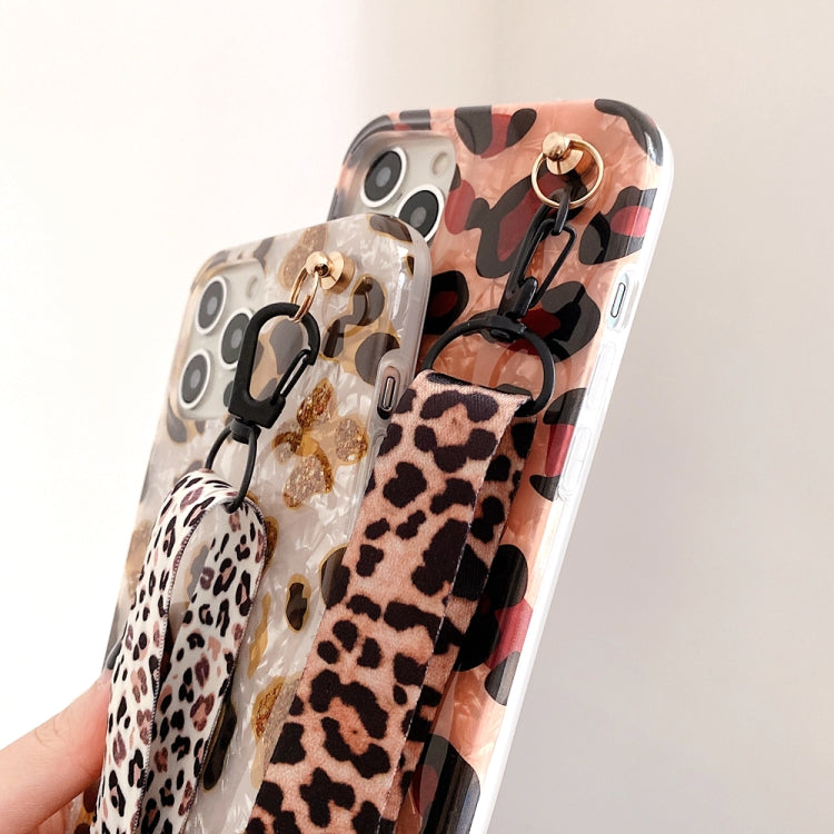 For iPhone 13 mini Shell Leopard Texture Phone Case with Lanyard