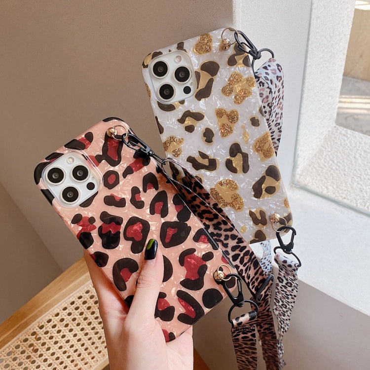 For iPhone 13 mini Shell Leopard Texture Phone Case with Lanyard