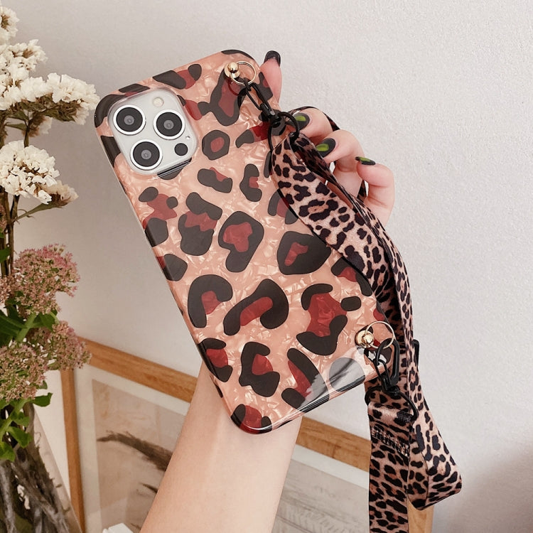 For iPhone 12 Pro Max Shell Leopard Texture Phone Case with Lanyard