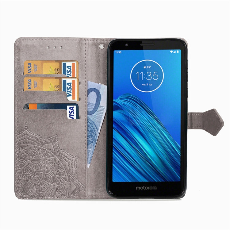 For Motorola Moto E6 Embossed Mandala Pattern PC + TPU Horizontal Flip Leather Case with Holder & Card Slots