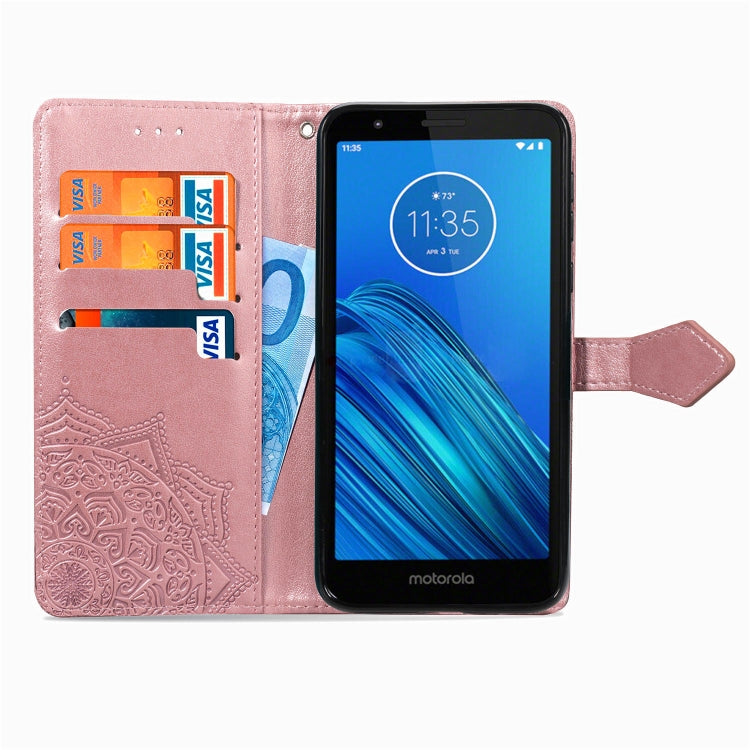 For Motorola Moto E6 Embossed Mandala Pattern PC + TPU Horizontal Flip Leather Case with Holder & Card Slots