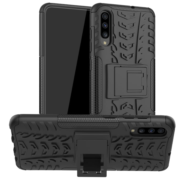 For Galaxy A70s Tire Texture Shockproof TPU+PC Protective Case with Holder
