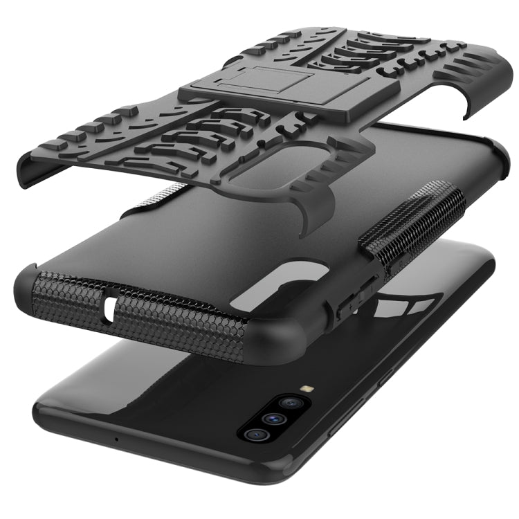 For Galaxy A70s Tire Texture Shockproof TPU+PC Protective Case with Holder