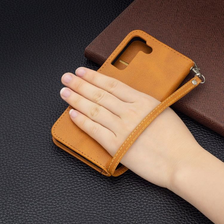 For Samsung Galaxy S22 5G Retro Lambskin Texture Pure Color Horizontal Flip Leather Phone Case with Holder & Card Slots & Wallet & Lanyard