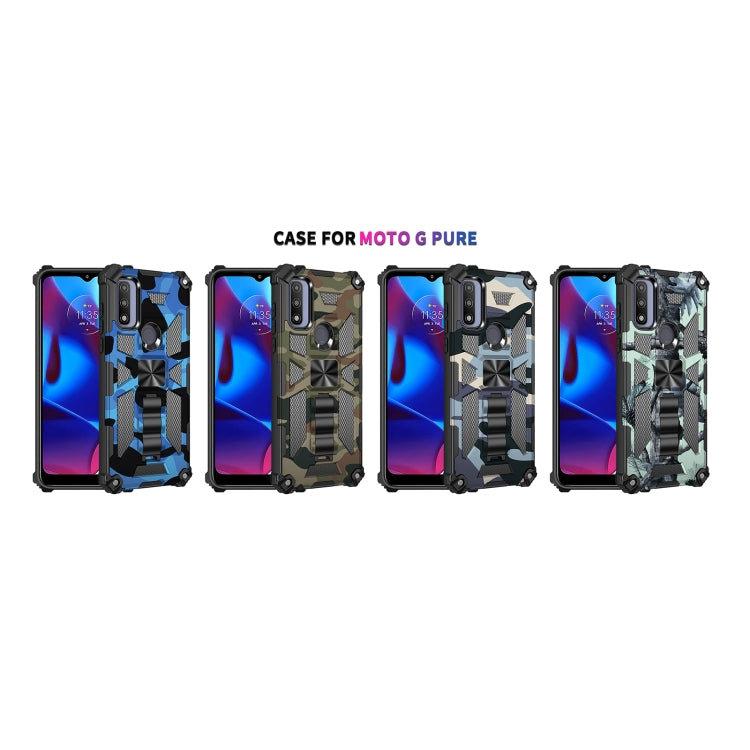 For Motorola G Pure Camouflage Armor Shockproof TPU + PC Magnetic Phone Case with Holder