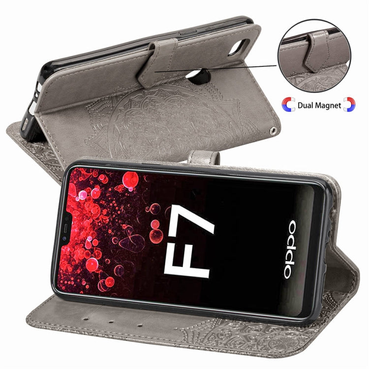 For OPPO F7 Embossed Mandala Pattern PC + TPU Horizontal Flip Leather Case with Holder & Card Slots