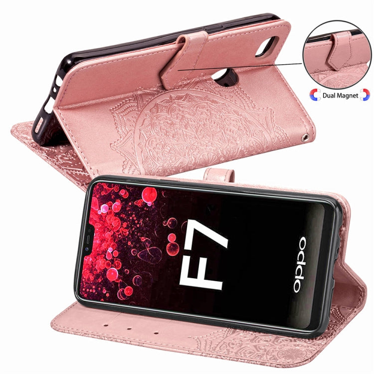 For OPPO F7 Embossed Mandala Pattern PC + TPU Horizontal Flip Leather Case with Holder & Card Slots