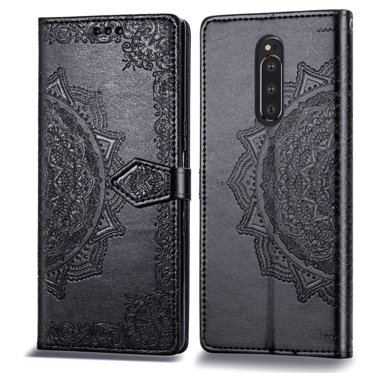 For Sony Xperia 1 Embossed Mandala Pattern PC + TPU Horizontal Flip Leather Case with Holder & Card Slots