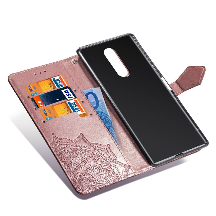 For Sony Xperia 1 Embossed Mandala Pattern PC + TPU Horizontal Flip Leather Case with Holder & Card Slots