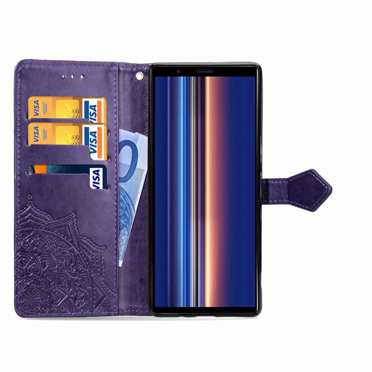For Sony Xperia 5 Embossed Mandala Pattern PC + TPU Horizontal Flip Leather Case with Holder & Card Slots