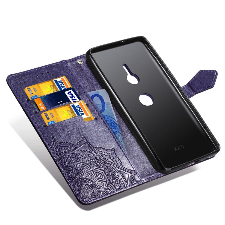 For Sony Xperia XZ3 Embossed Mandala Pattern PC + TPU Horizontal Flip Leather Case with Holder & Card Slots