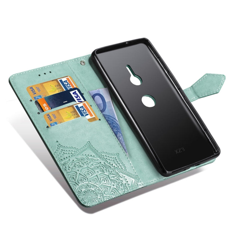 For Sony Xperia XZ3 Embossed Mandala Pattern PC + TPU Horizontal Flip Leather Case with Holder & Card Slots