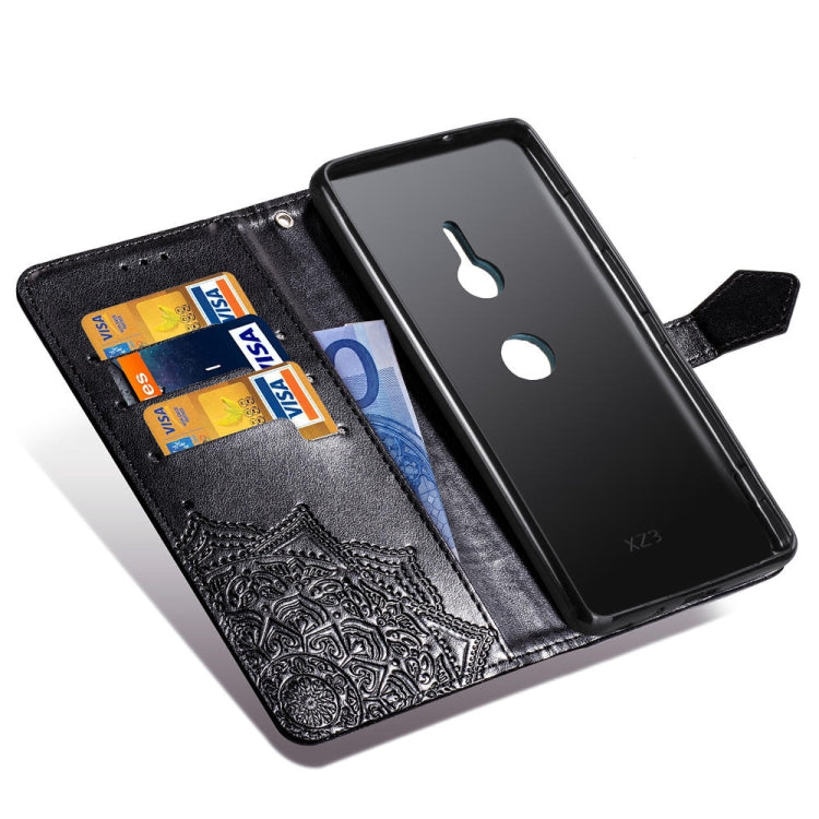 For Sony Xperia XZ3 Embossed Mandala Pattern PC + TPU Horizontal Flip Leather Case with Holder & Card Slots