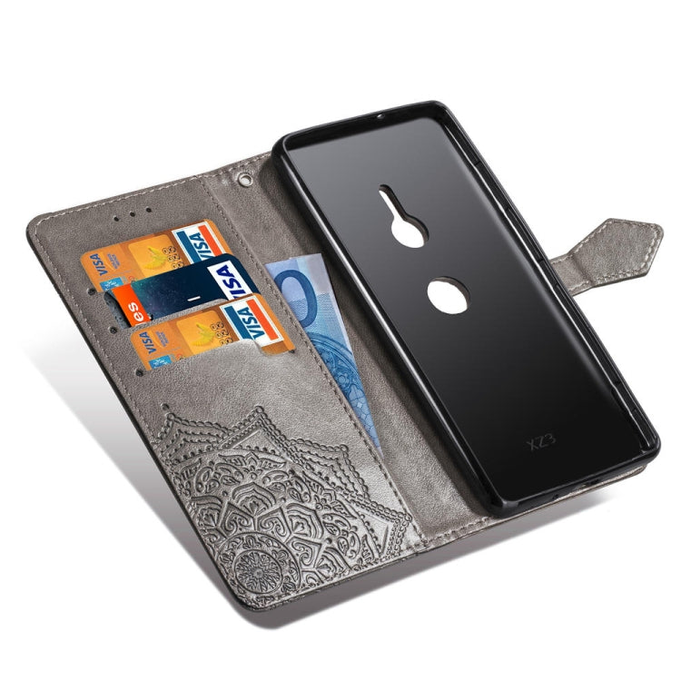 For Sony Xperia XZ3 Embossed Mandala Pattern PC + TPU Horizontal Flip Leather Case with Holder & Card Slots
