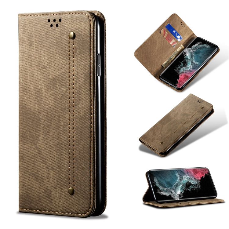 For Samsung Galaxy S22 Ultra 5G Denim Texture Casual Style Horizontal Flip Leather Case with Holder & Card Slots & Wallet