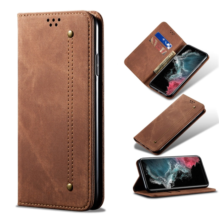 For Samsung Galaxy S22 Ultra 5G Denim Texture Casual Style Horizontal Flip Leather Case with Holder & Card Slots & Wallet