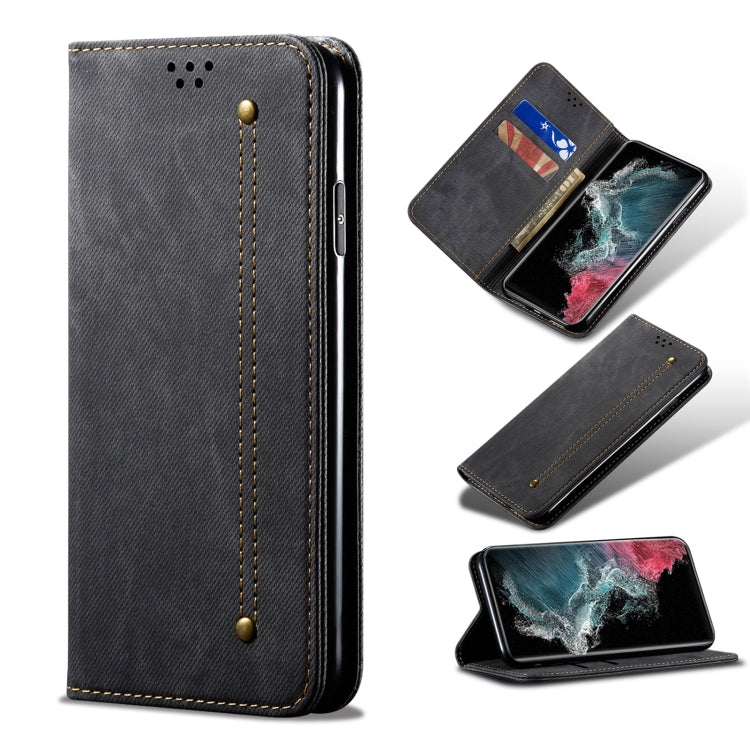 For Samsung Galaxy S22 Ultra 5G Denim Texture Casual Style Horizontal Flip Leather Case with Holder & Card Slots & Wallet