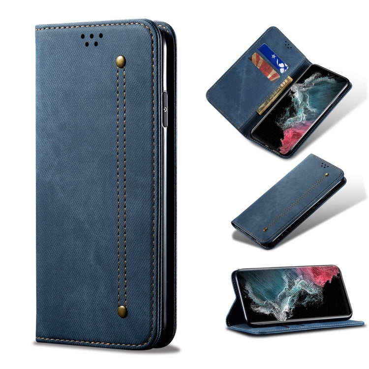 For Samsung Galaxy S22 Ultra 5G Denim Texture Casual Style Horizontal Flip Leather Case with Holder & Card Slots & Wallet