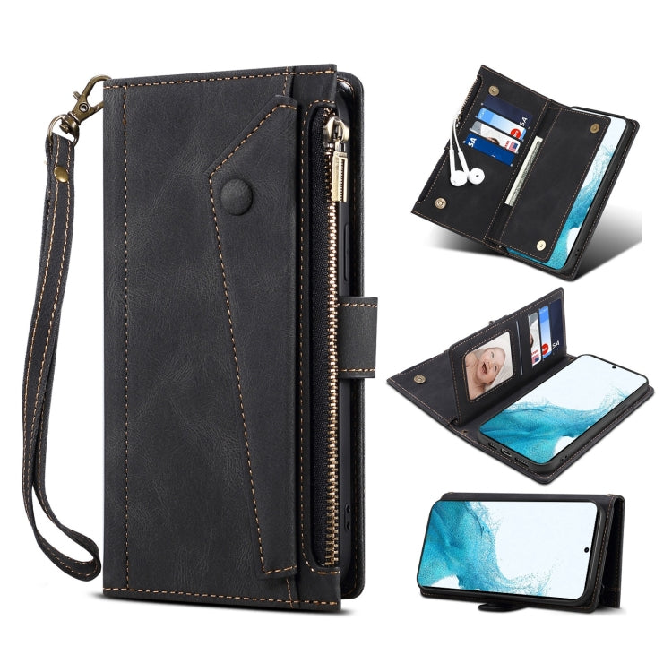 For Samsung Galaxy S22 5G Retro Frosted Horizontal Flip Leather Phone Case with Holder & Card Slot & Wallet & Zipper Pocket & Lanyard