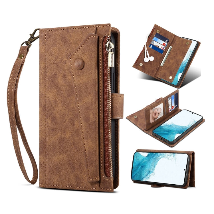 For Samsung Galaxy S22+ 5G Retro Frosted Horizontal Flip Leather Phone Case with Holder & Card Slot & Wallet & Zipper Pocket & Lanyard